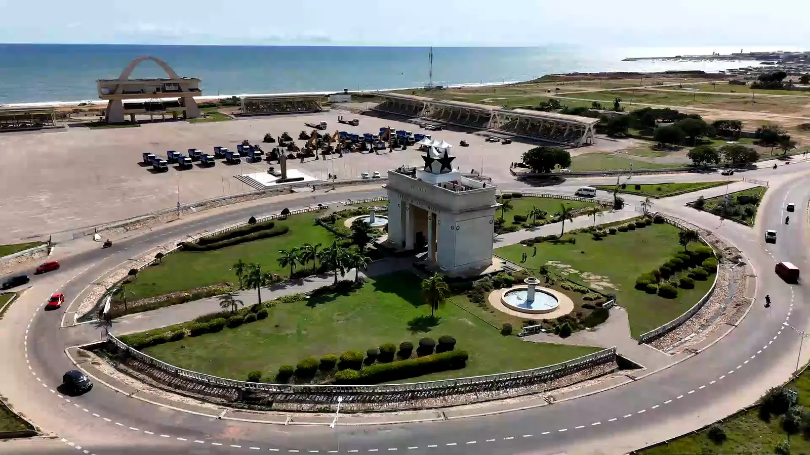 Aerial view of Independence Arch and Black Star Square in Accra, with the Gulf of Guinea behind